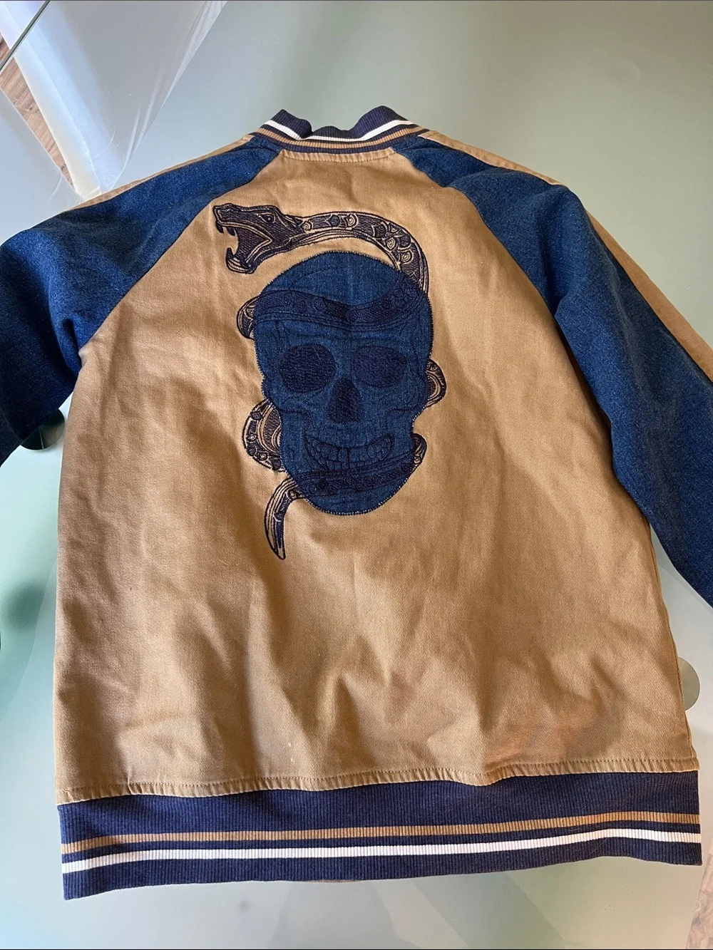 Epic Threads Tan and Navy Two-Tone Bomber Jacket